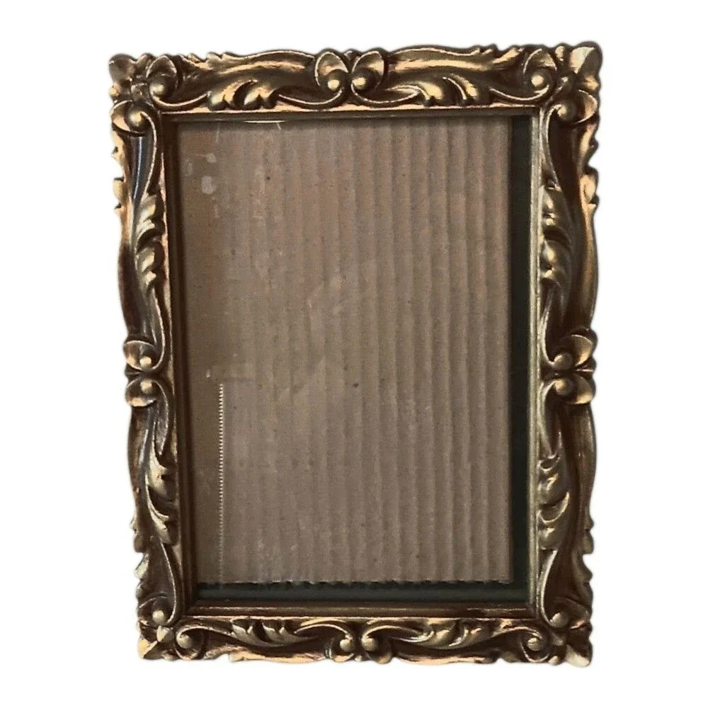 VTG 1973 Gold Bronze Photo Frame Resin Faux Carved Wood Ornate Scroll 8.25x6.25